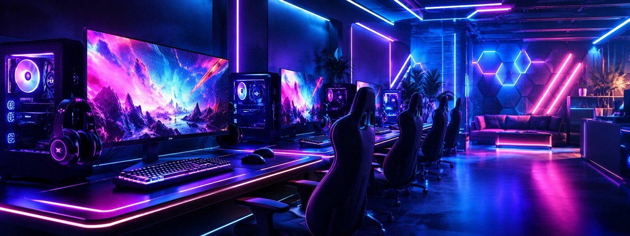KVANT klubining o'yin zali, neon yoritilgan kompyuterlar qatori